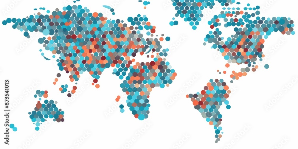 Poster abstract vibrant world map composed of multicolored circles on a light background. global diversity 
