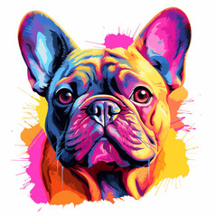 Bright watercolor colorfull french bulldog in sunglasses isolated on white background. Funny dog  paint splash, hand draw. Colorfull drawing illustration