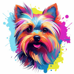 Bright watercolor colorfull yorkshire terrier isolated on white background. Funny dog  paint splash, hand draw. Colorfull drawing illustration