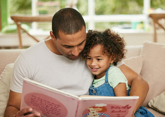 Father, girl child and reading book in home for family bonding, learning and development in lounge....