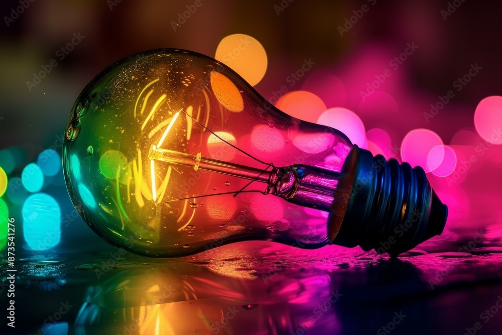 Poster glowing light bulb on a reflective surface against a multicolored bokeh light backdrop