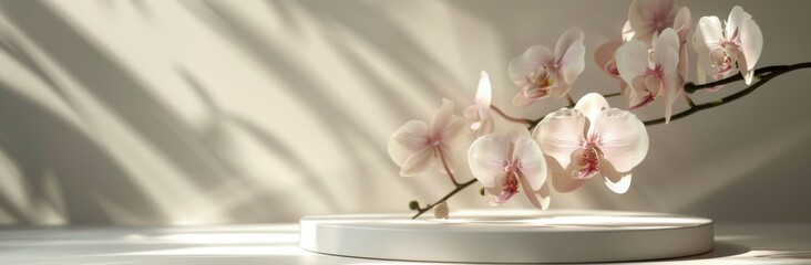 White Orchid Branch With Shadow on a Round Platform