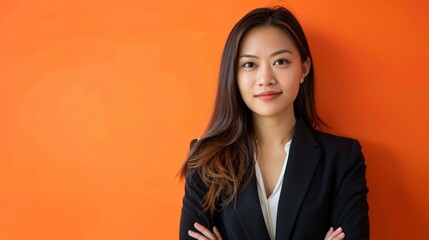 Elegant professional Asian woman, orange background, subtle coloring, 32k uhd