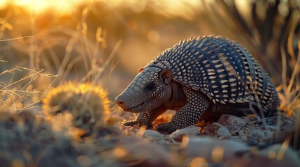 Obraz premium Close-up of an armadillo in its natural habitat during a golden sunset, exploring the dry, rugged terrain.