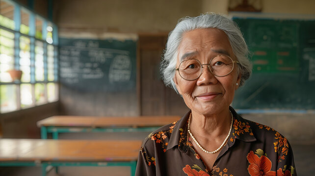 Mature asian schoolteacher with copy space