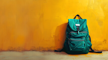 Green backpack against a vibrant yellow background. Perfect for travel, school, or outdoor adventure designs. Includes ample copy space for text.