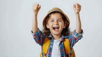 Cheerful child with a backpack and raised arms, expressing joy on a white background. Perfect for back-to-school themes, educational materials, and youth-related content.