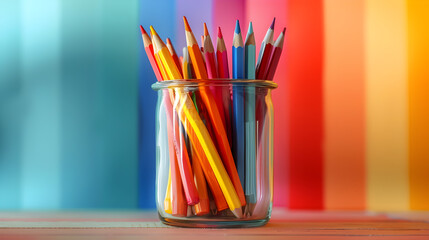 Obraz premium A glass jar filled with a rainbow of colored pencils on a multicolored background. Ideal for back-to-school themes, educational settings, or creative workshops.