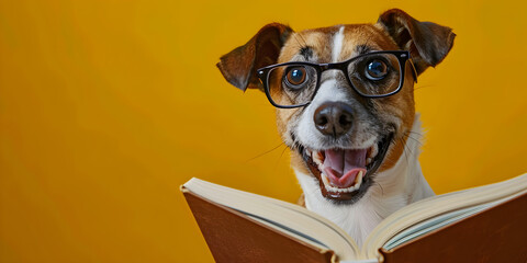 Surprised dog in glasses holding an open book, on a yellow background. Perfect for educational materials, library events, or humorous cards. Includes copy space.