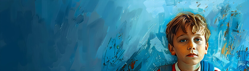 Young schoolboy with a blue backdrop, detailed and vibrant digital oil painting, suitable for back to school banners and educational materials, inviting and warm atmosphere.