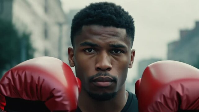 Black man wearing boxing gloves taking fighting pose on a street