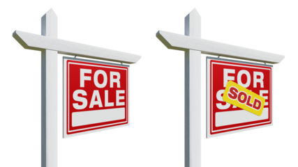 Set of Right Facing Sold and For Sale Real Estate Sign. Transparent PNG. 3D Rendering.