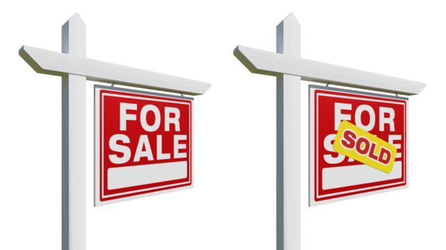 Set of Right Facing Sold and For Sale Real Estate Sign. Transparent PNG. 3D Rendering.