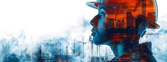  Portrait of a construction worker man with safety helmet letting see city buildings under construction on white background with copy space 