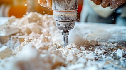 Close up view of a precise drilling process into a solid concrete wall for construction tasks