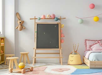 Stylish children's room interior with toys and white wall in the background, colorful playroom...