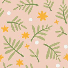 Cute floral vector seamless pattern. Delicate background with hand-drawn flowers and leaves. Colorful botanical illustration with abstract elements.