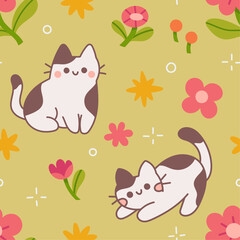 Vector seamless pattern with cute cats and botanical elements. Hand drawn illustration with cartoon style for print, fabric, textile.