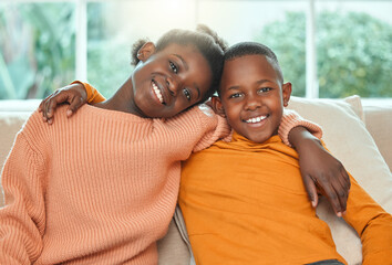 Black kids, hug and home portrait for love in relationship, together and support in childhood....