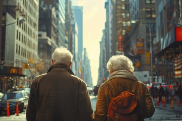 Obraz premium Older couple walking down a city street holding hands