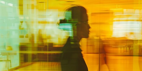 Tired woman in office after all day long job. double exposure with motion blur