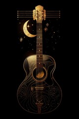 Naklejka premium Minimalist guitar and string logo design with brown color, a guitar with strings, sun rising, stars forming music, black background,