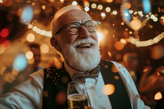 Smiling elderly gentleman toasting with champagne amidst festive lights and confetti