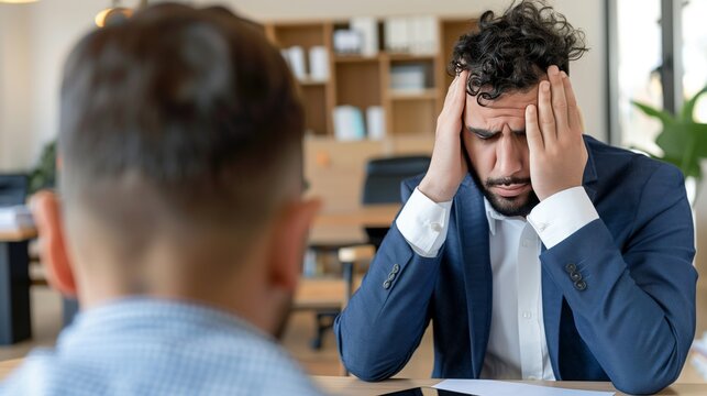 Nervous job applicant man sweating during interview, unprepared and unable to answer in office room