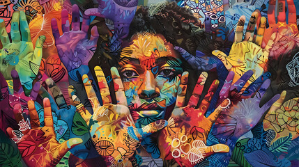 Obraz premium Woman Surrounded by Colorful Handprints. Art, Diversity, and Expression