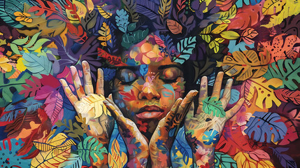 Obraz premium Woman Surrounded by Colorful Handprints. Art, Diversity, and Expression