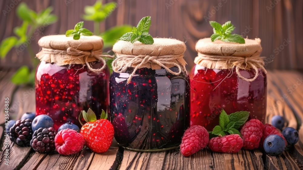 Poster three jars of raspberry jam are displayed on a wooden table with fresh berries and mint leaves. the 