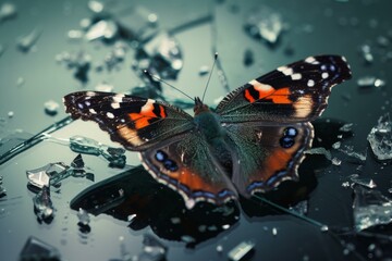Naklejka premium Close-up of a colorful butterfly on shattered, broken glass, symbolizing resilience and hope in the face of destruction and adversity
