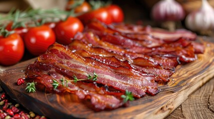 A slab of bacon is on a wooden cutting board with a few tomatoes and some herbs. The bacon is sliced and ready to be cooked