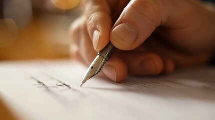 Hand signing a contract with a pen The focus is on the hand holding the pen as it moves to sign the document. It emphasizes moments of agreement and commitment. Suitable for business themes