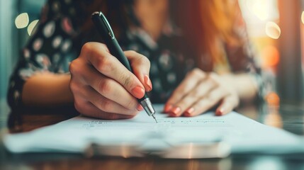 Hand signing a contract with a pen while the other hand held the paper firmly. The focus is on the precise moment of the signing. Emphasize confidence and commitment when signing.