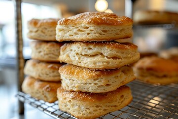Stack of golden brown homemade biscuits displayed on metal cooling rack with bakery background