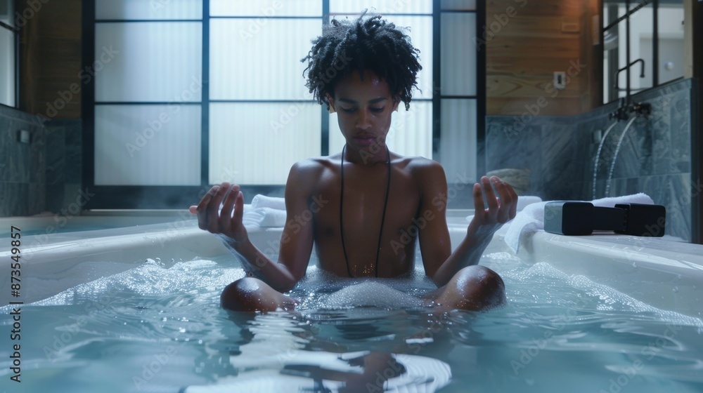 Aufkleber A person with a focused expression sitting in an ice bath and using a meditation app to guide them through the experience.
