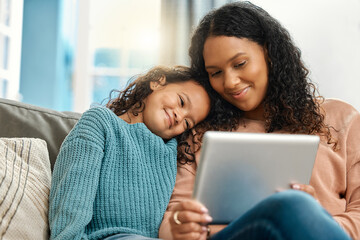 Mom, girl and smile with tablet on sofa for streaming animation movies, bonding together and support in home. Mama, child and tech for watching online video with love, care and happy for learning app