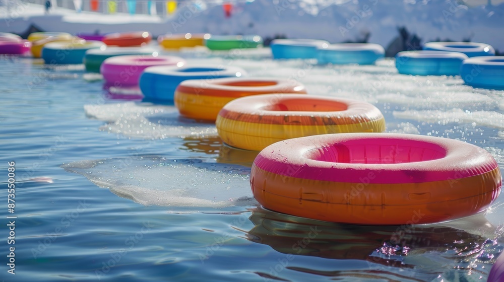 Poster A series of colorful floatation devices floating in a pool of icy water waiting for participants to practice their cold water coping techniques.