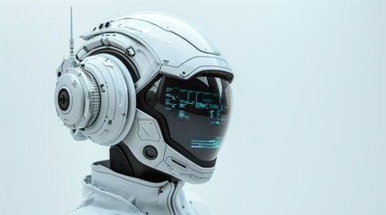 Astronaut wearing advanced helmet with technological hud displaying data