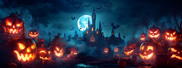 A Halloween scene with a castle and many pumpkins