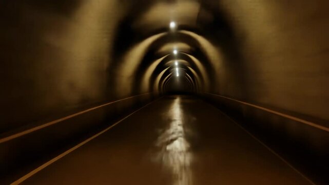 A dimly lit, wet underground tunnel with concrete walls and ceiling. Rows of lights along the ceiling