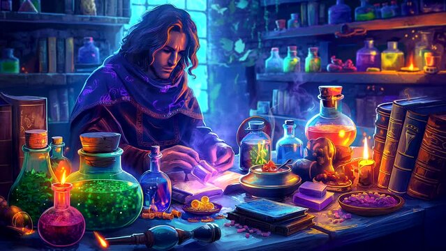 Alchemist working in mystical laboratory with potions and books. Fantasy and magic concept