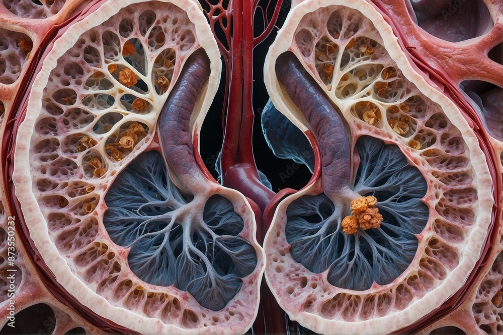 Poster a 3d rendering of the inside of a kidney. ai.