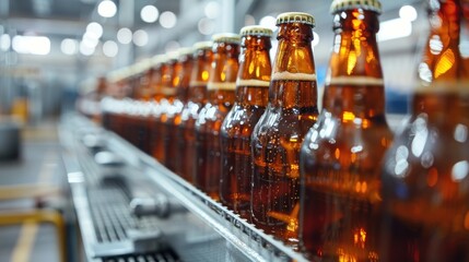 A row of beer bottles are being produced on a conveyor belt.