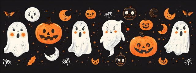 A Halloween themed poster with ghosts, pumpkins, and other spooky decorations