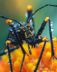 A close-up of a colorful assassin bug on a flower. AI.
