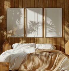 An image of a bedroom with a wooden wall, a bed, and some plants. AI.