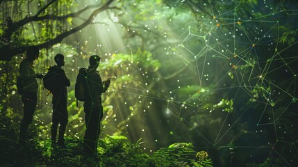 In a remote forest, two people sit with laptops, merging data streams, connecting cyber world with nature AIG62