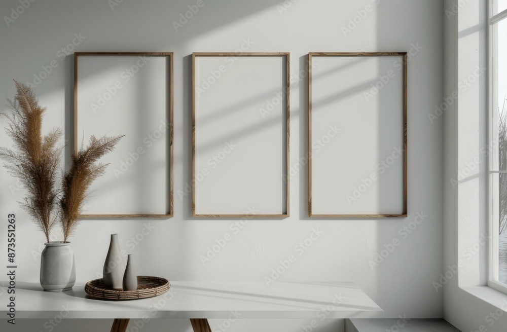 Poster three empty frames on a white wall next to a table with a plant and two vases. ai.